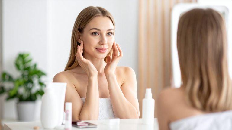 Woman applying skincare routine at home